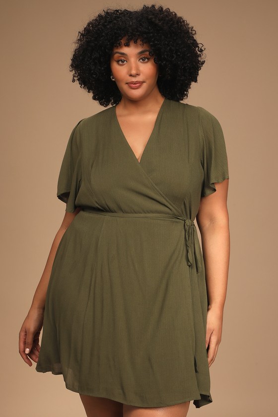 Olive Green Dress - Wrap Dress - Short ...